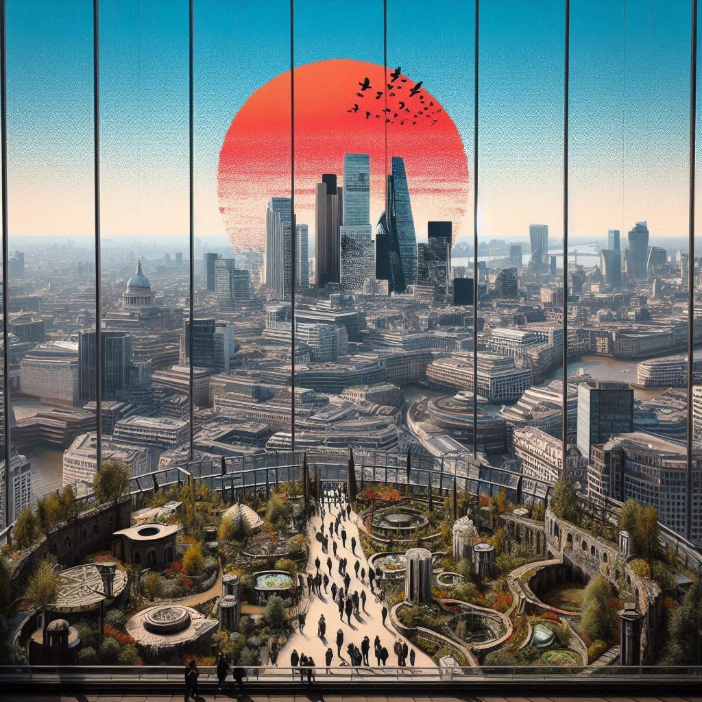 AI generated image the London Sky garden in Banksy style