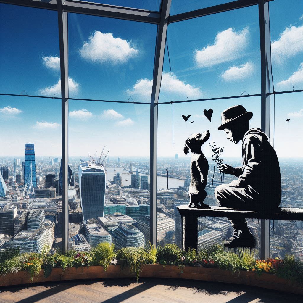 AI generated image the London Sky garden in Banksy style