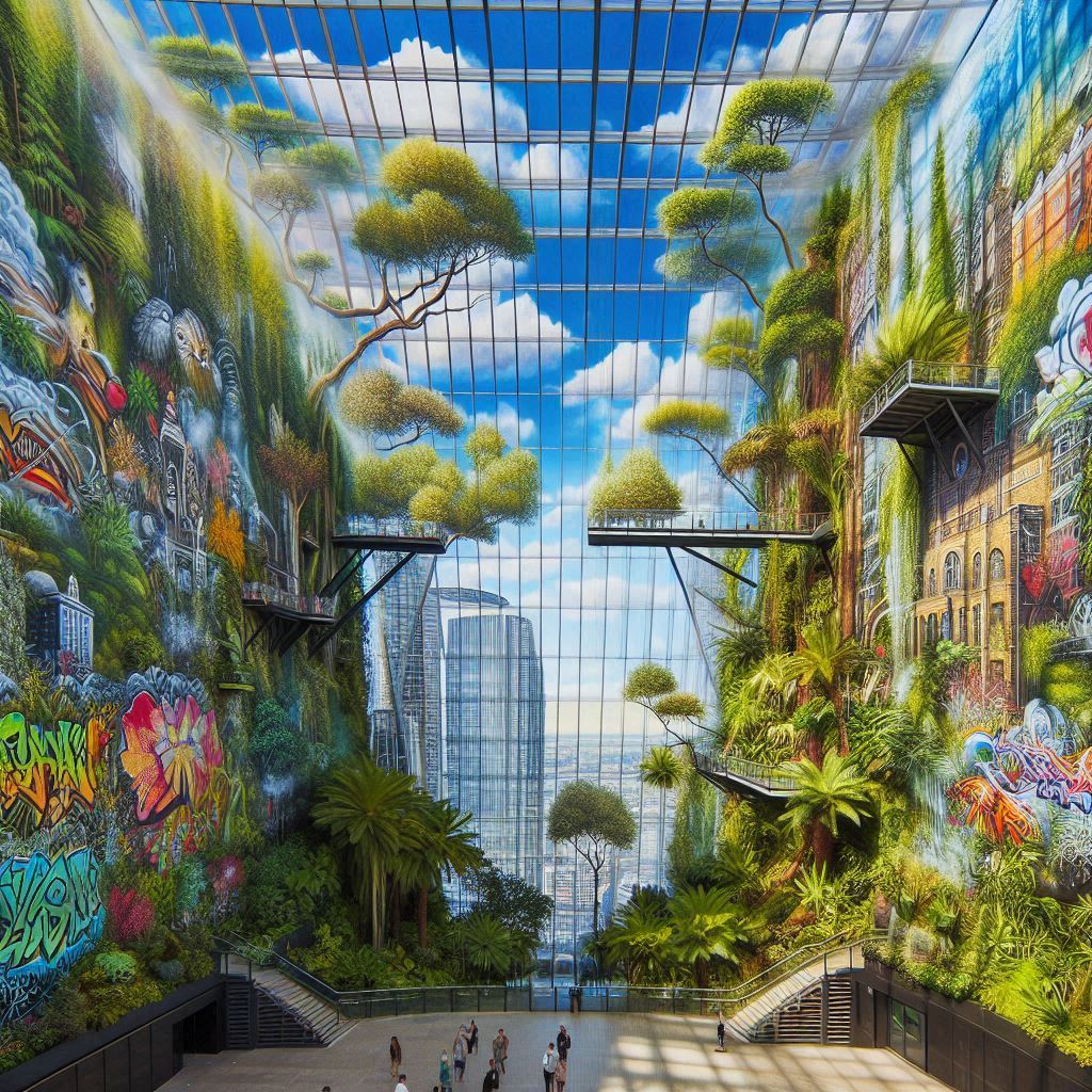 AI generated image the London Sky garden in Banksy style