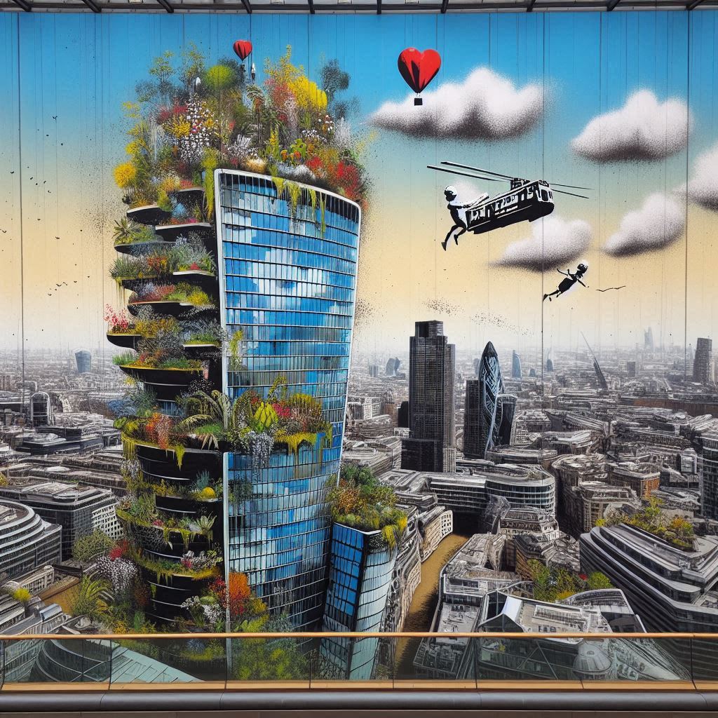 AI generated image the London Sky garden in Banksy style