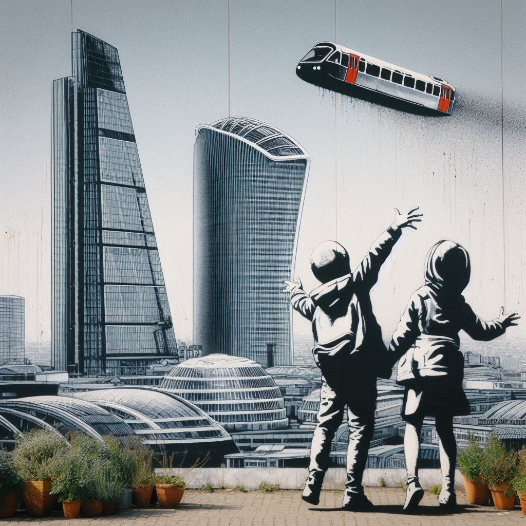 AI generated image the London Sky garden in Banksy style