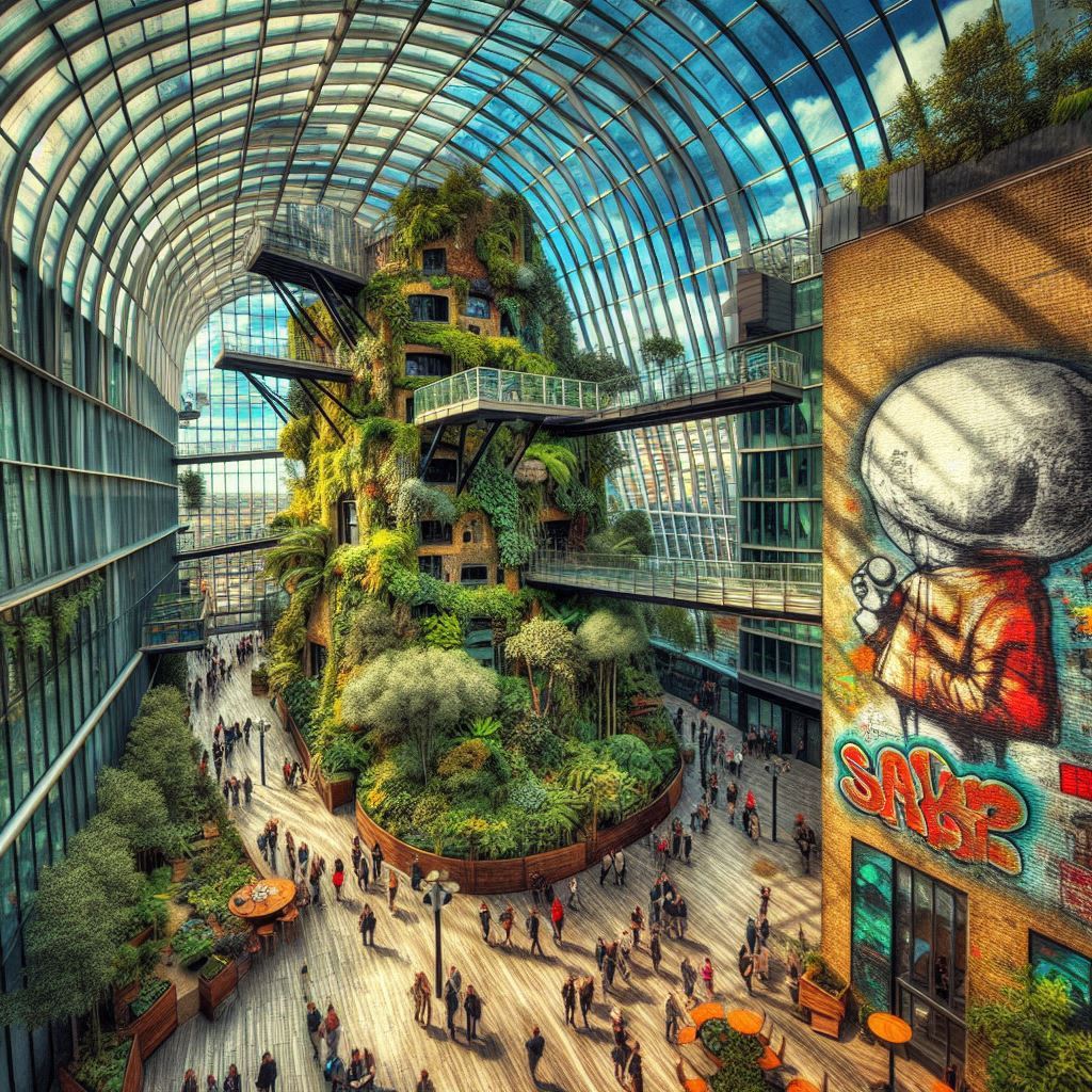 AI generated image the London Sky garden in Banksy style